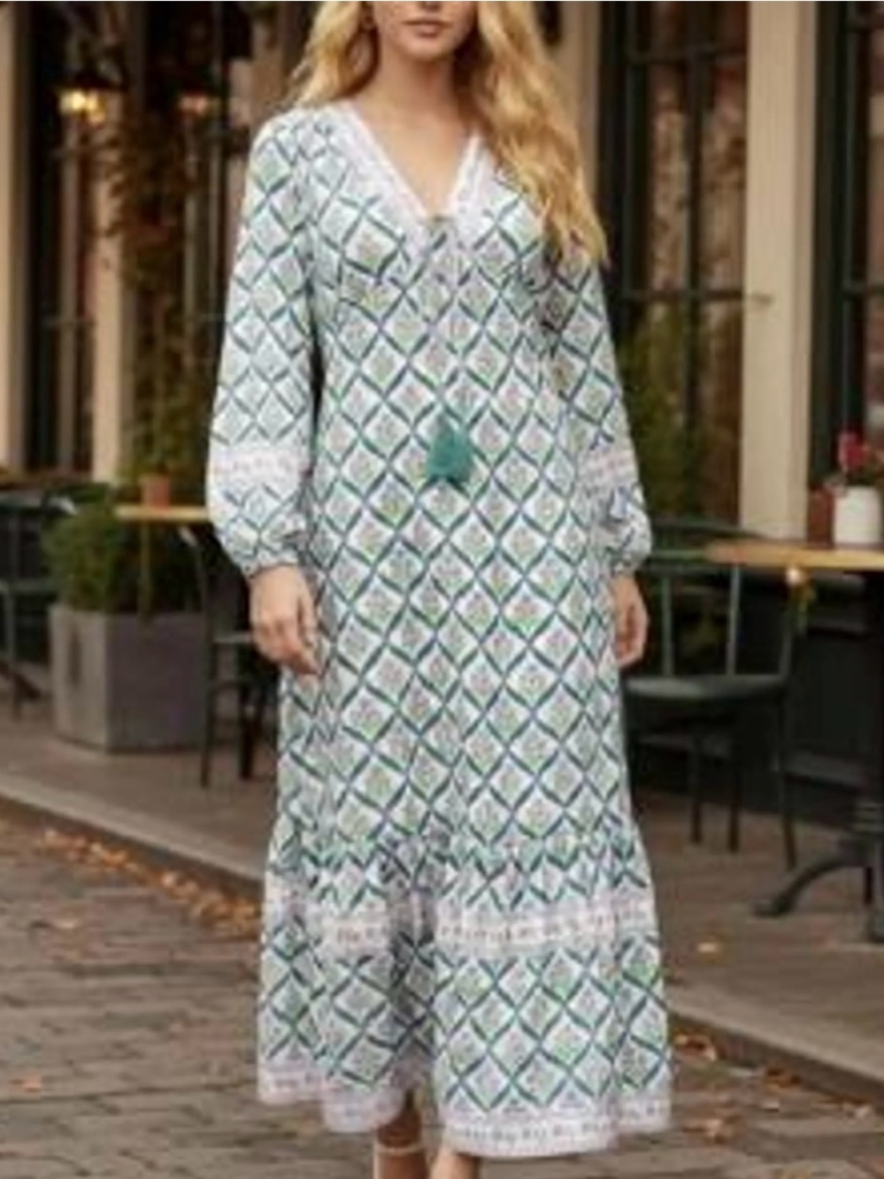 NWT Green Geometric V-Neck Maxi Dress with Tassel Tie